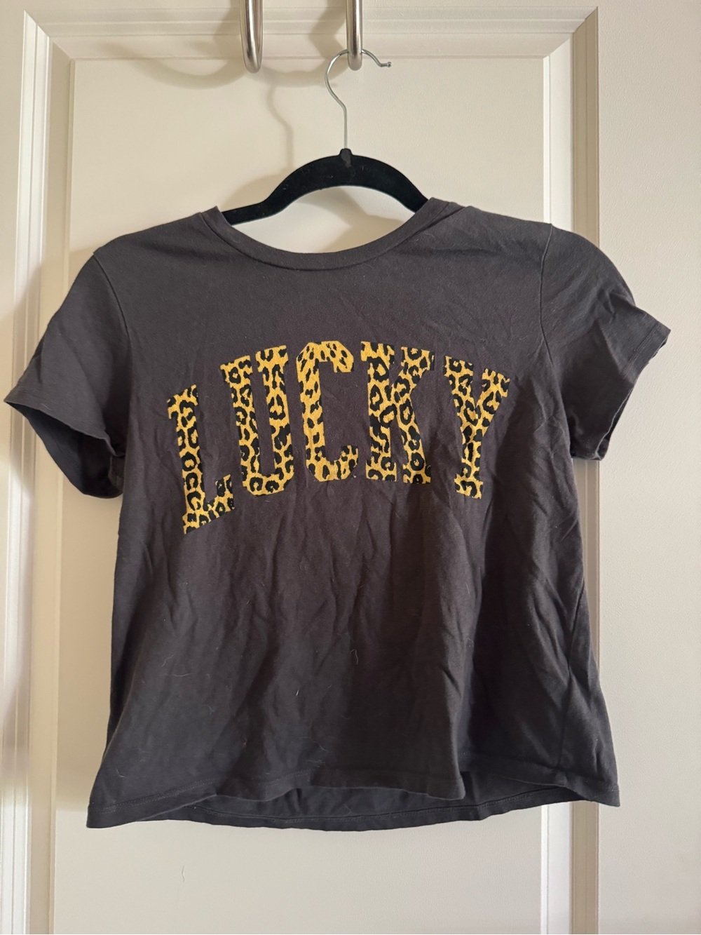 Lucky Brand Black Crop Tee with Yellow Leopard 'LUCKY' Graphic